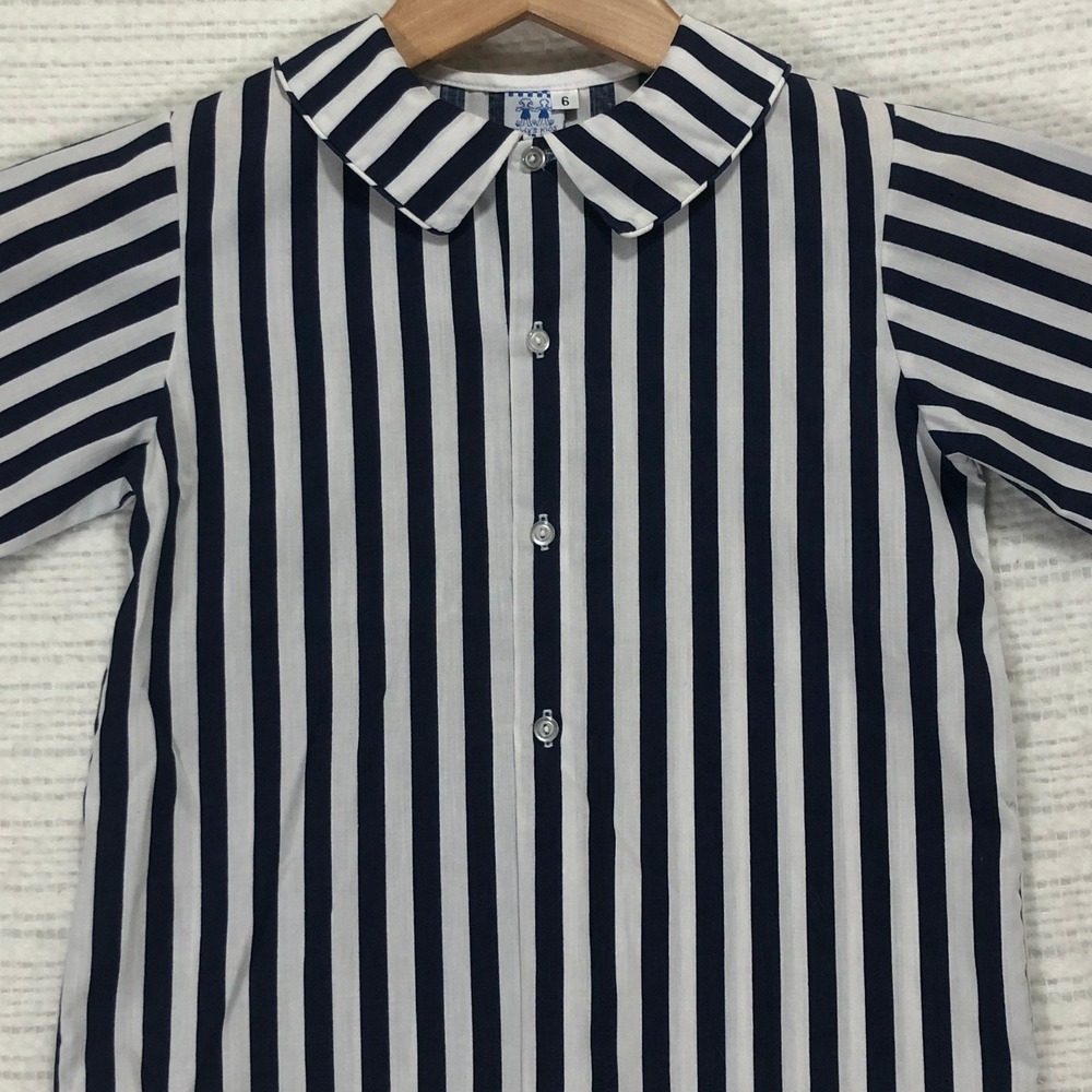 Kellys Kids Boys Navy Blue White Striped Peter Pan Collar Shirt Size 6 Short Slv